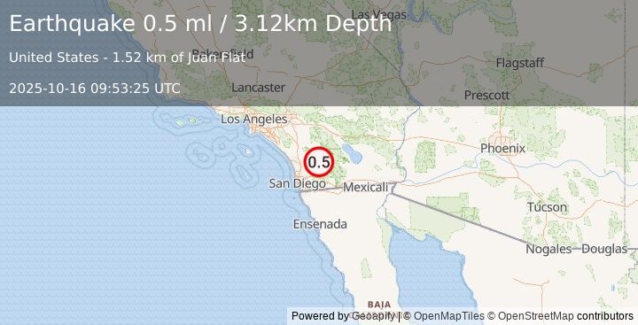 Earthquake 8 km NNW of Julian, CA (0.5 ml) (2025-10-16 09:53:25 UTC)