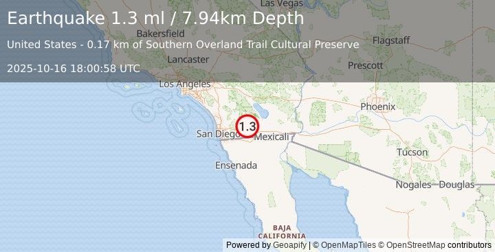 Earthquake 27 km SSW of Ocotillo Wells, CA (1.3 ml) (2025-10-16 18:00:58 UTC)