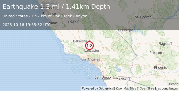 Earthquake 13 km SE of Tehachapi, CA (1.3 ml) (2025-10-16 19:35:52 UTC)