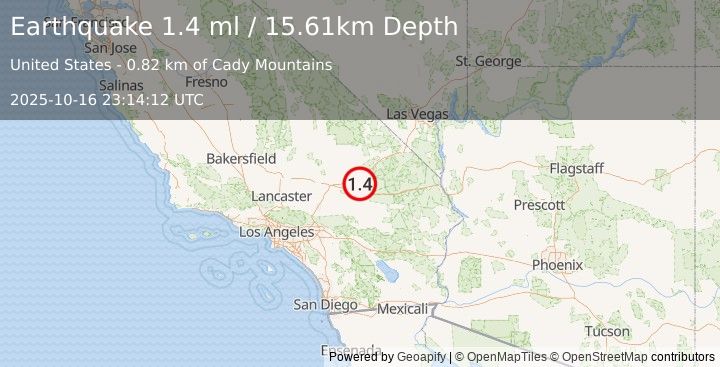 Earthquake 32 km NW of Ludlow, CA (1.4 ml) (2025-10-16 23:14:12 UTC)