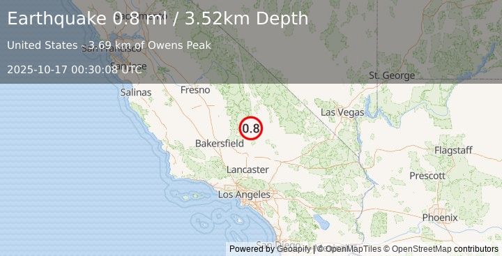 Earthquake 22 km SSW of Little Lake, CA (0.8 ml) (2025-10-17 00:30:08 UTC)