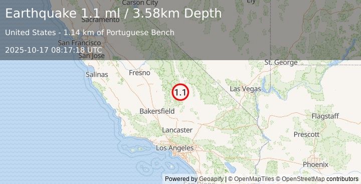 Earthquake 4 km W of Coso Junction, CA (1.0 ml) (2025-10-17 08:17:17 UTC)