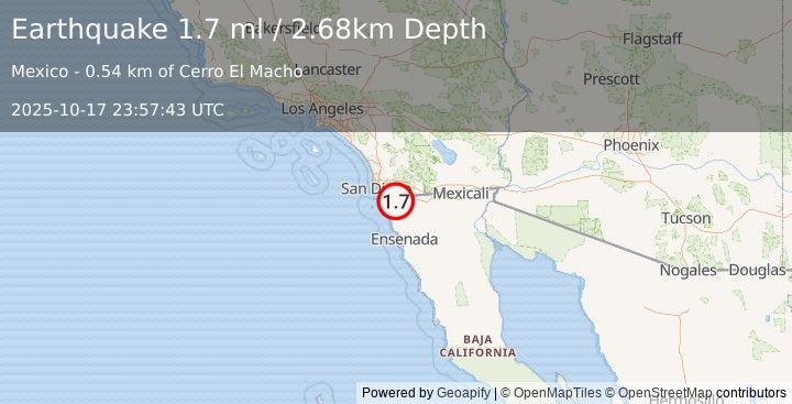 Earthquake 16 km SW of Tecate, B.C., MX (1.7 ml) (2025-10-17 23:57:43 UTC)