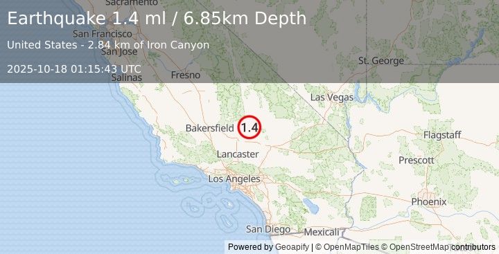 Earthquake 12 km WNW of Johannesburg, CA (1.4 ml) (2025-10-18 01:15:43 UTC)