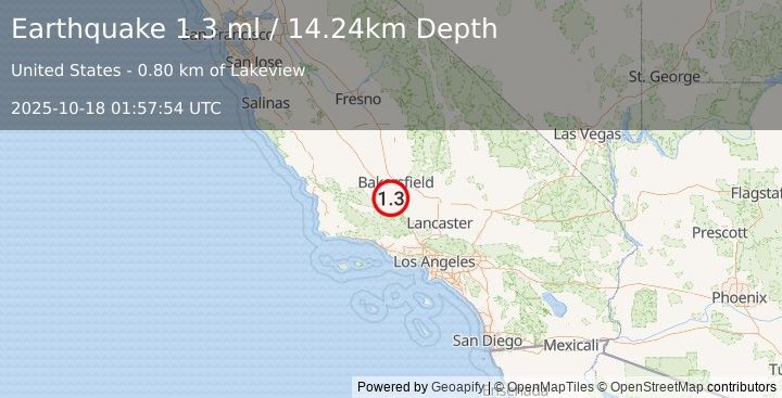 Earthquake 24 km NW of Grapevine, CA (1.3 ml) (2025-10-18 01:57:54 UTC)
