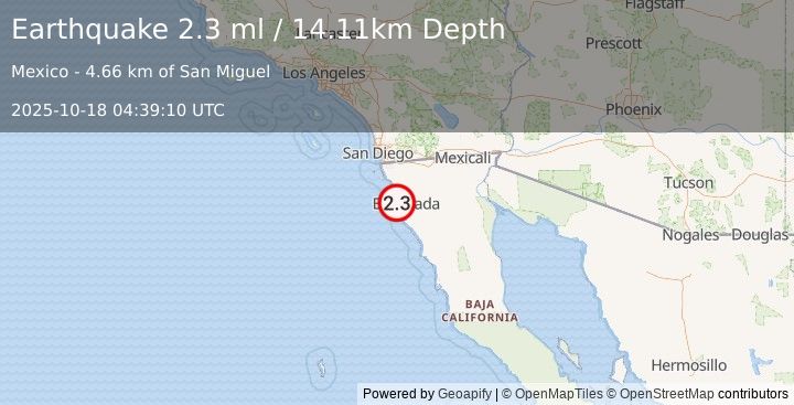 Earthquake 10 km WSW of El Sauzal, B.C., MX (2.3 ml) (2025-10-18 04:39:10 UTC)