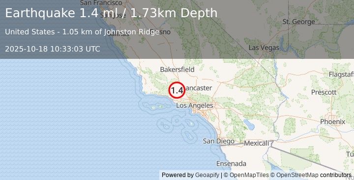 Earthquake 24 km SSW of Frazier Park, CA (1.4 ml) (2025-10-18 10:33:03 UTC)