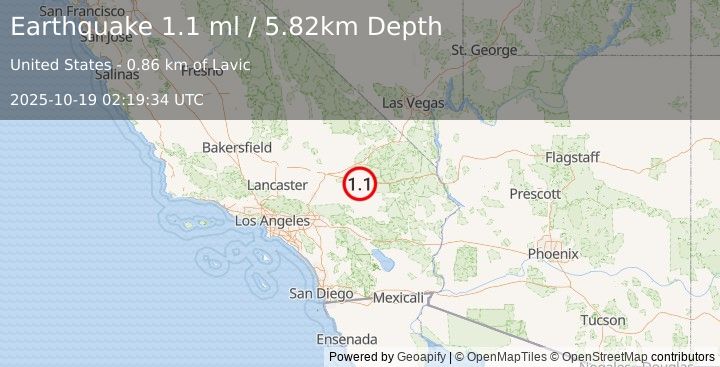 Earthquake 14 km W of Ludlow, CA (1.1 ml) (2025-10-19 02:19:34 UTC)