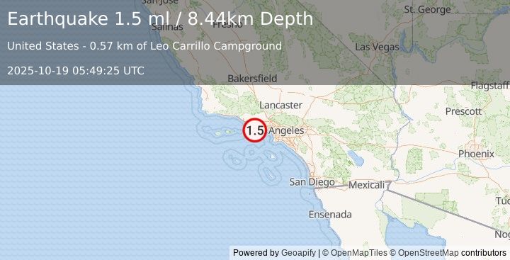 Earthquake 13 km WNW of Malibu, CA (1.5 ml) (2025-10-19 05:49:25 UTC)