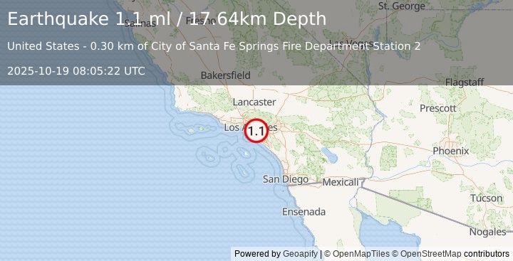 Earthquake 2 km WNW of South Whittier, CA (1.1 ml) (2025-10-19 08:05:22 UTC)