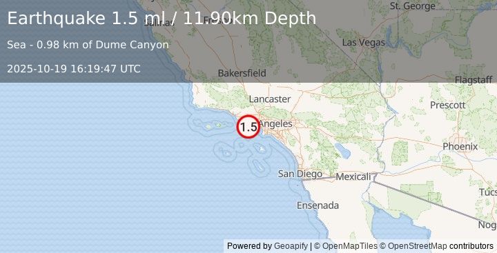Earthquake 4 km S of Malibu, CA (1.5 ml) (2025-10-19 16:19:47 UTC)