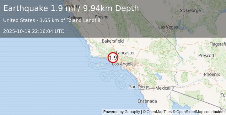 Earthquake 8 km WNW of Fillmore, CA (2.0 ml) (2025-10-19 22:16:03 UTC)