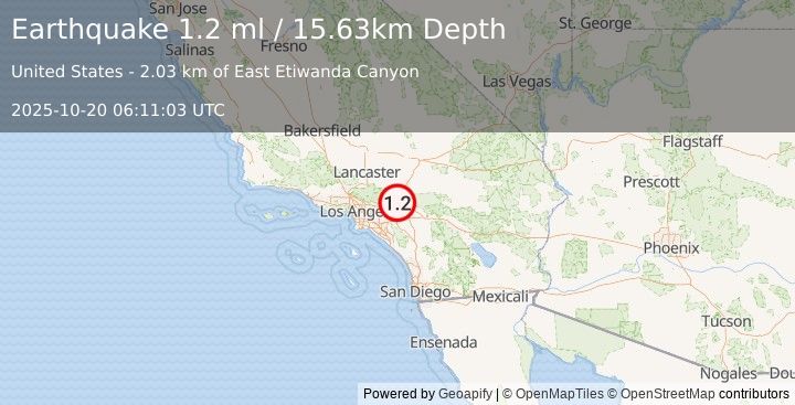 Earthquake 8 km SSW of Lytle Creek, CA (1.2 ml) (2025-10-20 06:11:03 UTC)