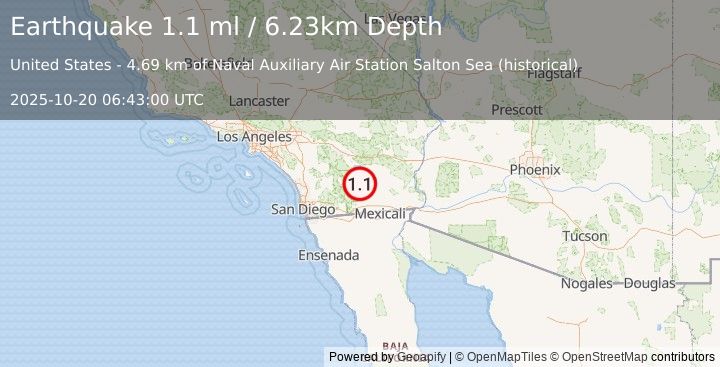 Earthquake 13 km SSE of Salton City, CA (1.1 ml) (2025-10-20 06:43:00 UTC)
