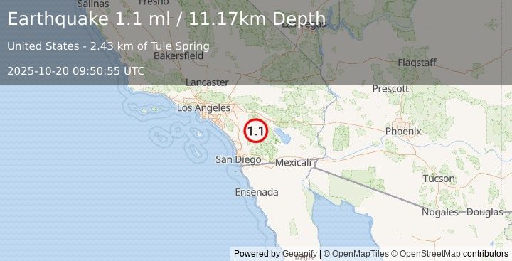 Earthquake 12 km SSE of Anza, CA (1.1 ml) (2025-10-20 09:50:55 UTC)