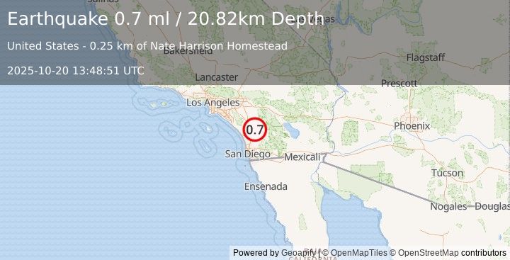 Earthquake 7 km WSW of Palomar Observatory, CA (0.7 ml) (2025-10-20 13:48:51 UTC)