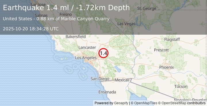 Earthquake 10 km NNW of Big Bear City, CA (1.4 ml) (2025-10-20 18:34:28 UTC)