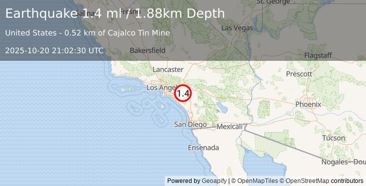 Earthquake 5 km SE of Home Gardens, CA (1.4 ml) (2025-10-20 21:02:30 UTC)