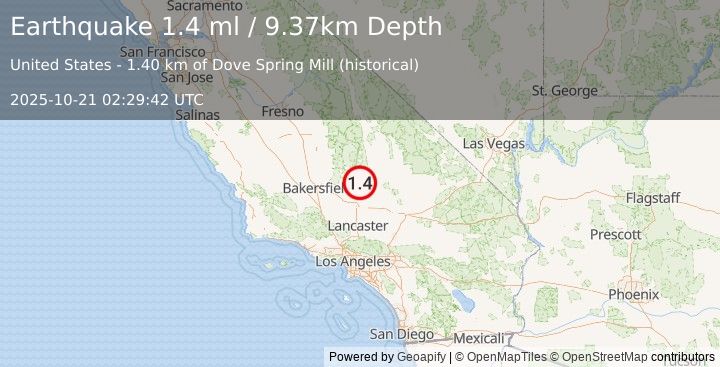 Earthquake 33 km SW of Inyokern, CA (1.4 ml) (2025-10-21 02:29:42 UTC)