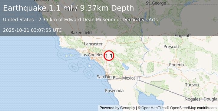 Earthquake 6 km E of Calimesa, CA (1.1 ml) (2025-10-21 03:07:55 UTC)