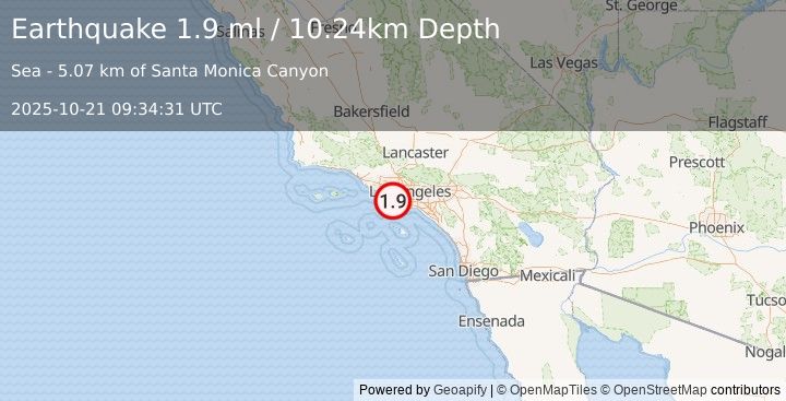 Earthquake 16 km SW of Marina del Rey, CA (1.9 ml) (2025-10-21 09:34:31 UTC)