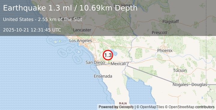 Earthquake 10 km WNW of Ocotillo Wells, CA (1.3 ml) (2025-10-21 12:31:45 UTC)