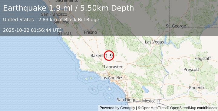 Earthquake 25 km S of Bodfish, CA (1.9 ml) (2025-10-22 01:56:44 UTC)
