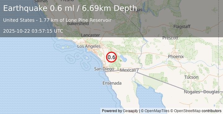 Earthquake 14 km N of Warner Springs, CA (0.6 ml) (2025-10-22 03:57:15 UTC)