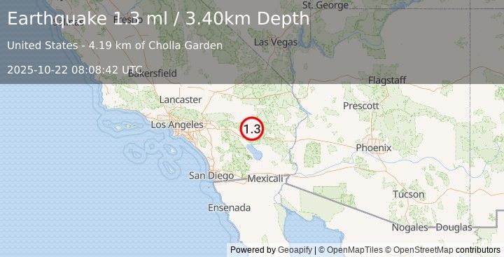 Earthquake 27 km SE of Twentynine Palms, CA (1.3 ml) (2025-10-22 08:08:42 UTC)
