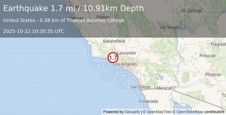 Earthquake 8 km NNW of Santa Paula, CA (1.7 ml) (2025-10-22 10:30:35 UTC)