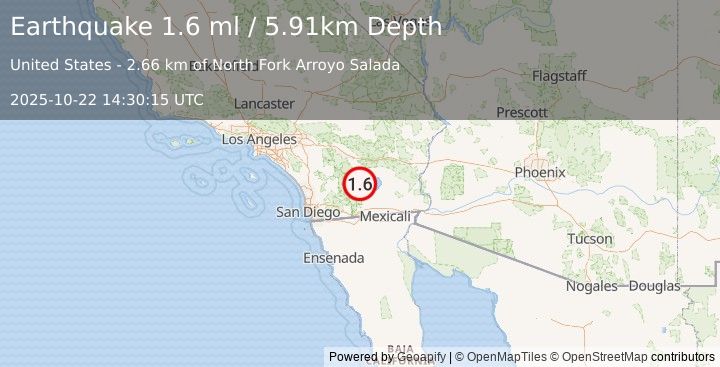 Earthquake 10 km SW of Salton City, CA (1.6 ml) (2025-10-22 14:30:15 UTC)
