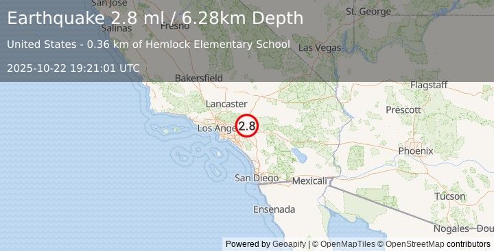 Earthquake 3 km NNW of Fontana, CA (2.6 ml) (2025-10-22 19:21:00 UTC)
