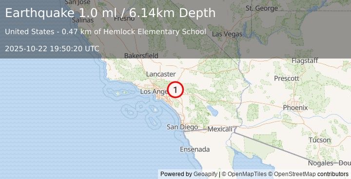 Earthquake 3 km NNW of Fontana, CA (1.0 ml) (2025-10-22 19:50:20 UTC)