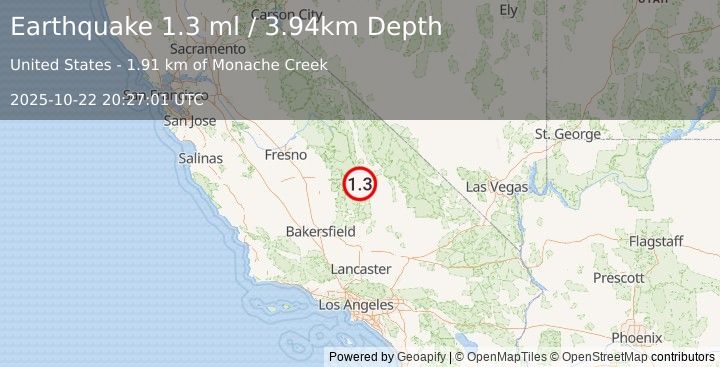Earthquake 15 km WSW of Olancha, CA (1.3 ml) (2025-10-22 20:27:01 UTC)