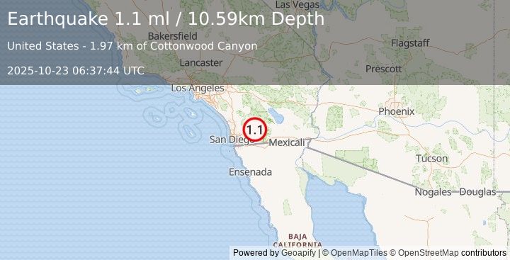Earthquake 16 km NNE of Pine Valley, CA (1.1 ml) (2025-10-23 06:37:44 UTC)