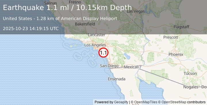 Earthquake 3 km ESE of Ladera Ranch, CA (1.1 ml) (2025-10-23 14:19:15 UTC)