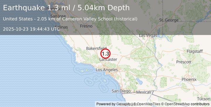 Earthquake 13 km SE of Tehachapi, CA (1.3 ml) (2025-10-23 19:44:43 UTC)