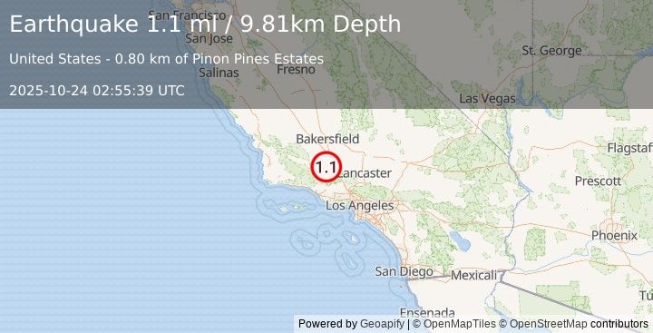 Earthquake 9 km W of Frazier Park, CA (1.1 ml) (2025-10-24 02:55:39 UTC)
