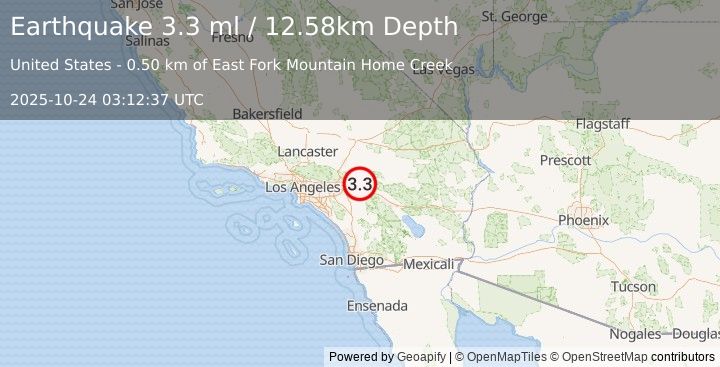 Earthquake 10 km NNE of Yucaipa, CA (3.3 ml) (2025-10-24 03:12:37 UTC)