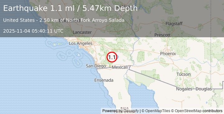 Earthquake 9 km SW of Salton City, CA (1.1 ml) (2025-11-04 05:40:11 UTC)