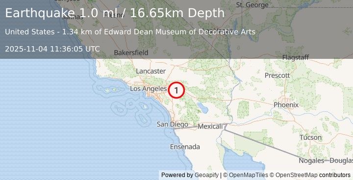 Earthquake 6 km E of Calimesa, CA (1.0 ml) (2025-11-04 11:36:05 UTC)