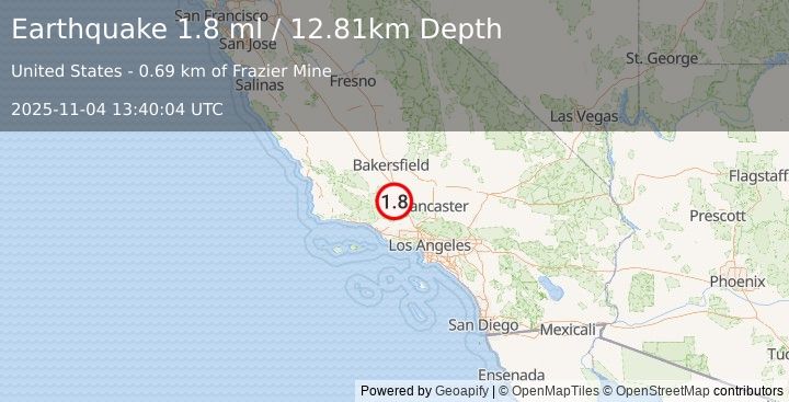 Earthquake 5 km S of Frazier Park, CA (1.8 ml) (2025-11-04 13:40:04 UTC)