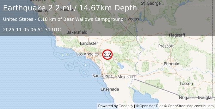 Earthquake 11 km N of Cabazon, CA (2.2 ml) (2025-11-05 06:51:31 UTC)