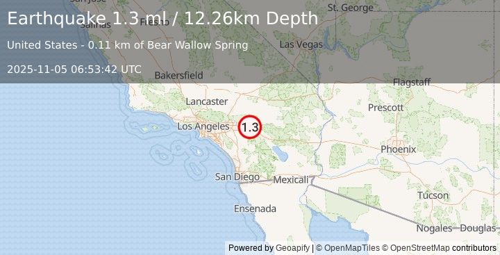 Earthquake 11 km NNE of Cabazon, CA (1.3 ml) (2025-11-05 06:53:42 UTC)