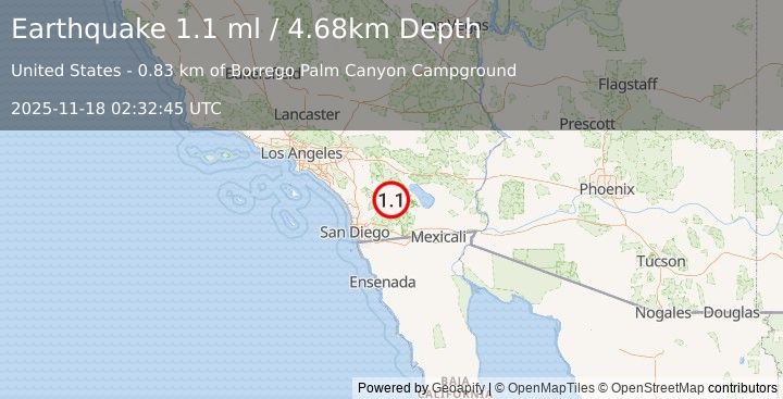 Earthquake 5 km WNW of Borrego Springs, CA (1.1 ml) (2025-11-18 02:32:45 UTC)