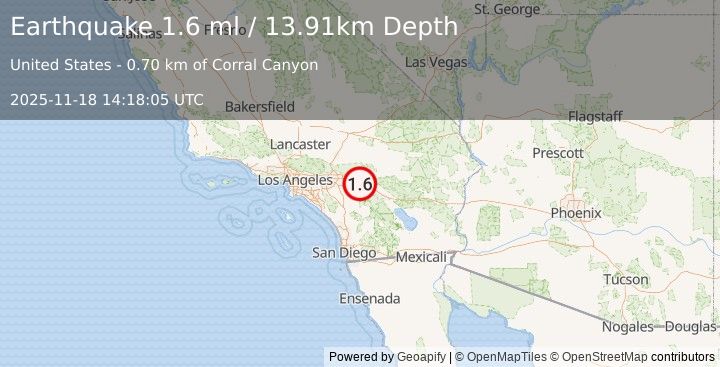 Earthquake 7 km NNW of Cabazon, CA (1.6 ml) (2025-11-18 14:18:05 UTC)