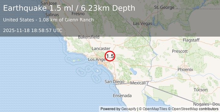Earthquake 2 km SE of Lytle Creek, CA (1.5 ml) (2025-11-18 18:58:57 UTC)