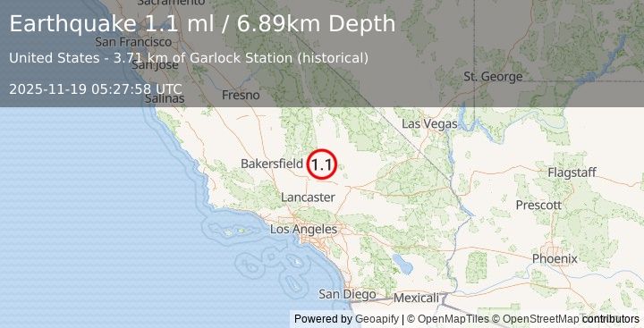 Earthquake 14 km W of Johannesburg, CA (1.1 ml) (2025-11-19 05:27:58 UTC)