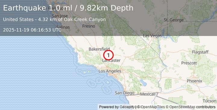 Earthquake 16 km WSW of Mojave, CA (1.0 ml) (2025-11-19 06:16:53 UTC)