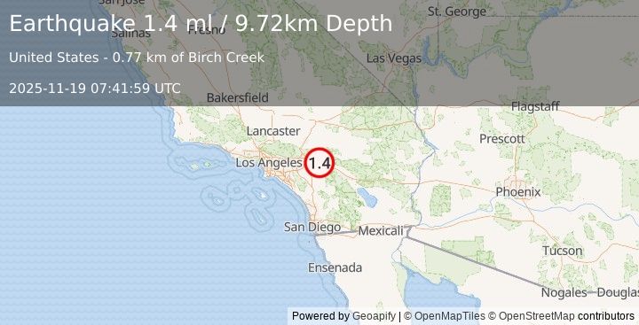 Earthquake 5 km ENE of Yucaipa, CA (1.4 ml) (2025-11-19 07:41:59 UTC)